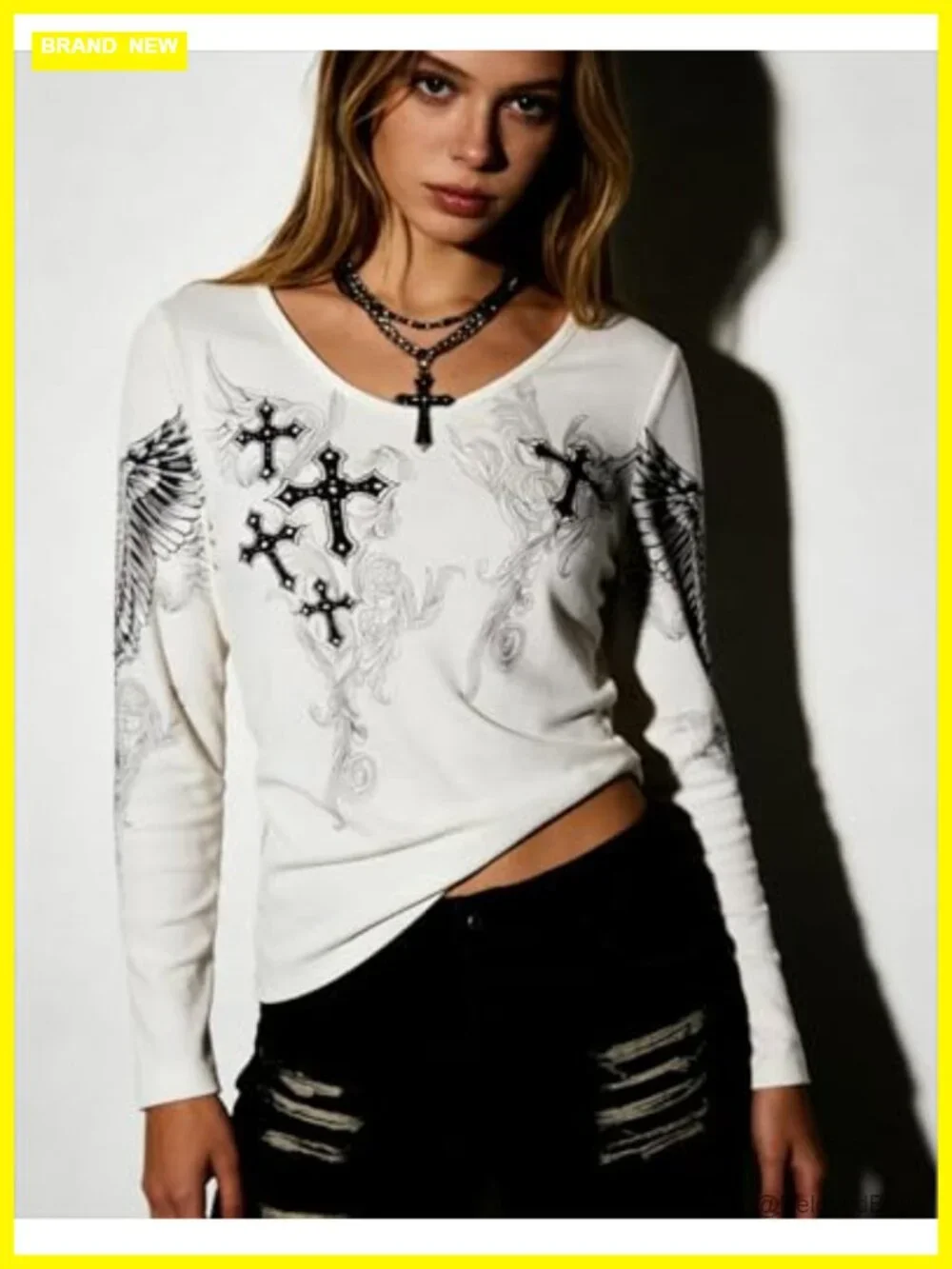 Women's Y2k Grunge Graphic Tee Long Sleeve Gothic Emo Punk Top